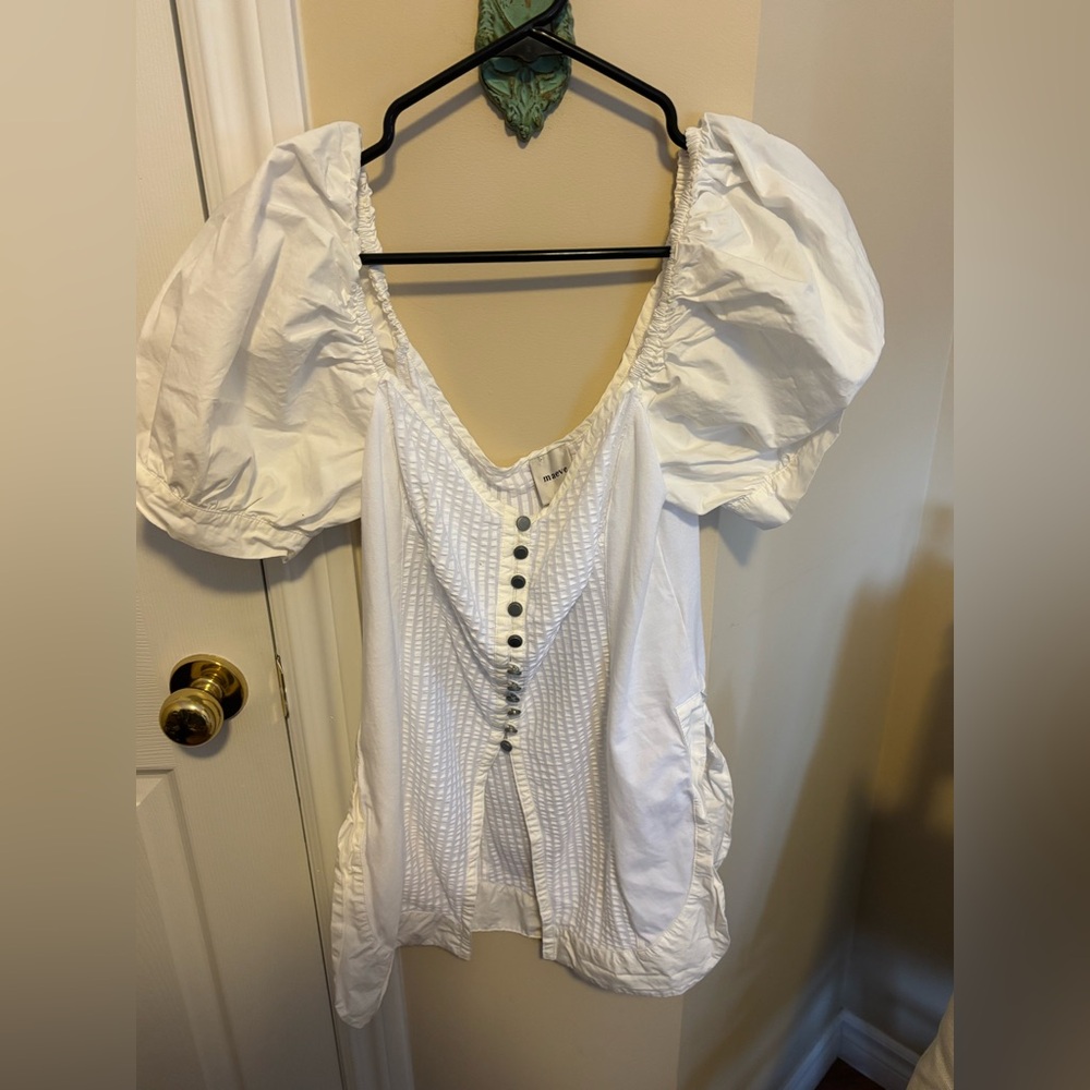 Maeve White Puff-Sleeve Button-Front Blouse